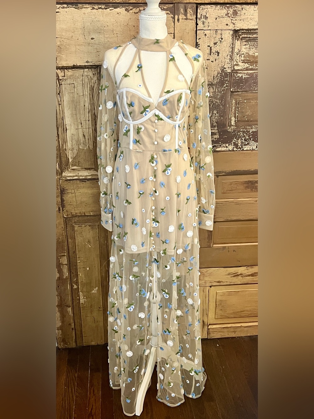 Vici Floral Embroidered Mesh Maxi Dress | Long Sleeve | Size L